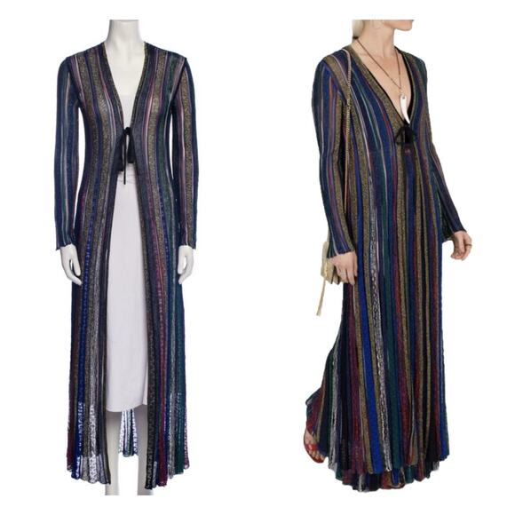 MISSONI Long Cardigan Duster Metallic Sweater IT38 Open Front Striped Italy NEW - Picture 1 of 12